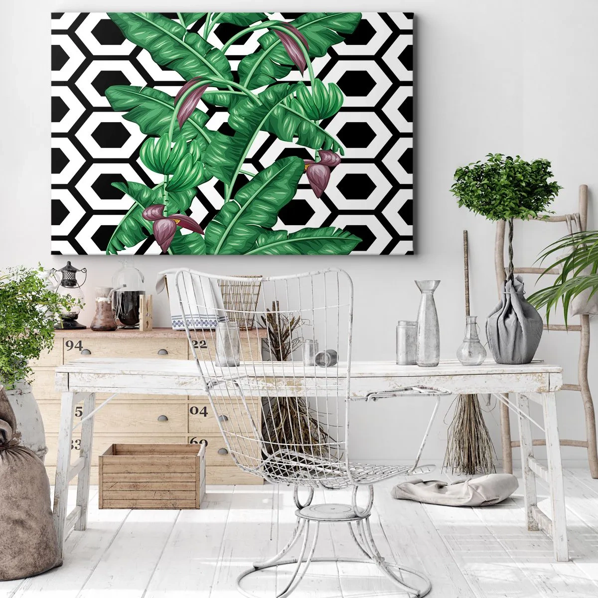 Impression sur toile - Image sur toile - Feuilles tropicales sur fond géométrique - 70x50cm - Une composition symétrique par nature - Décoration murale moderne pour le salon et la chambre ARTTOR