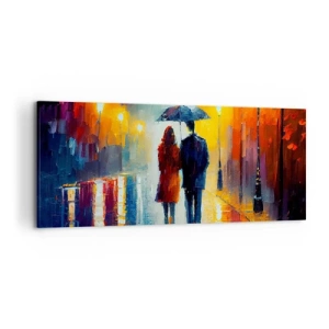 Impression sur toile - Image sur toile - Un couple sous un parapluie se promenant dans une ville nocturne colorée - 120x50cm - Ensemble – une nuit colorée - Décoration murale moderne pour le salon et la chambre ARTTOR