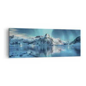 Impression sur toile - Image sur toile - Aurore boréale sur des montagnes enneigées et un lac - 140x50cm - Nuit de lumières - Décoration murale moderne pour le salon et la chambre ARTTOR
