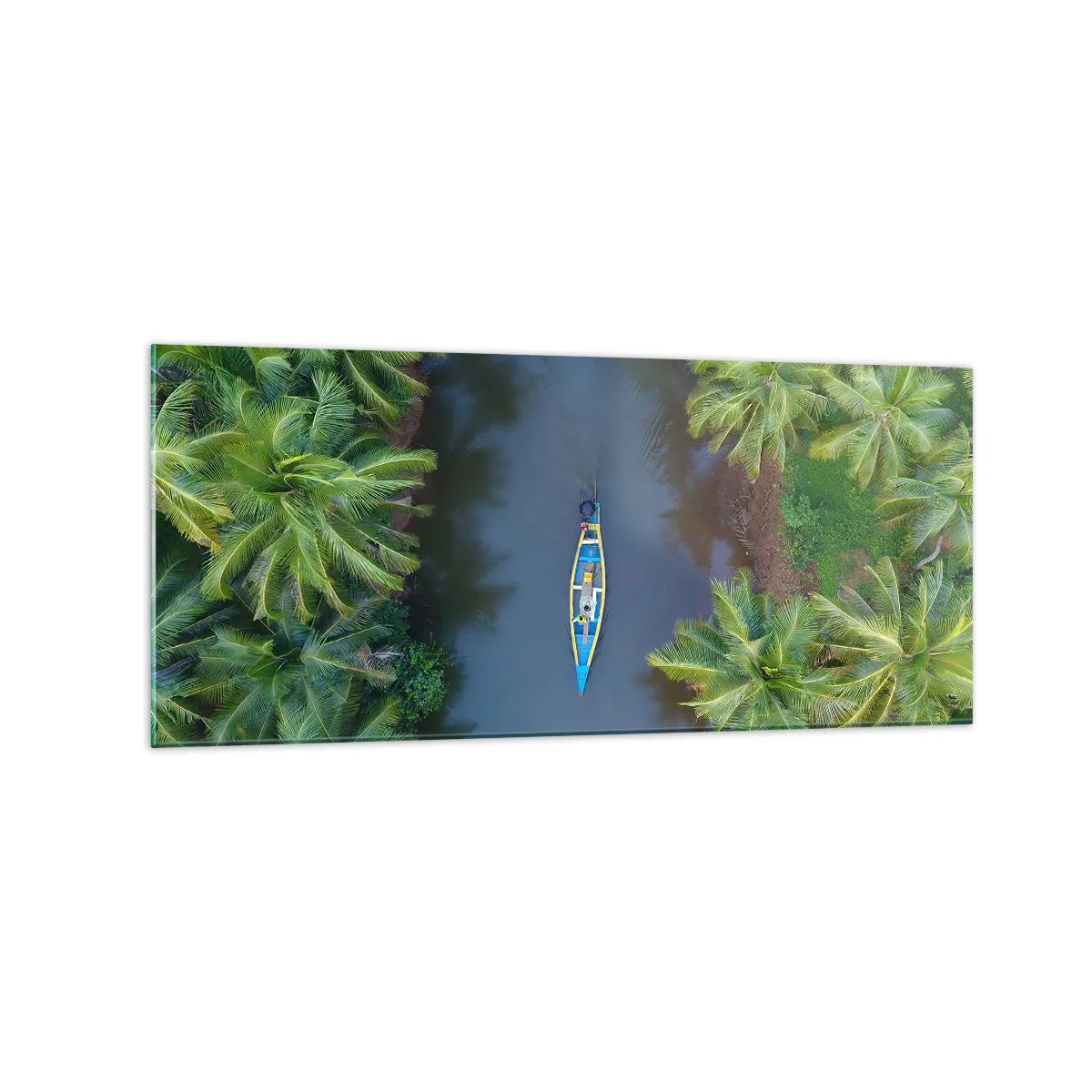 Impression sur verre - Image sur verre - Vue aérienne d'un bateau sur une rivière entourée de palmiers - 120x50cm - Sur un sentier tropical - Décoration murale moderne pour le salon et la chambre ARTTOR