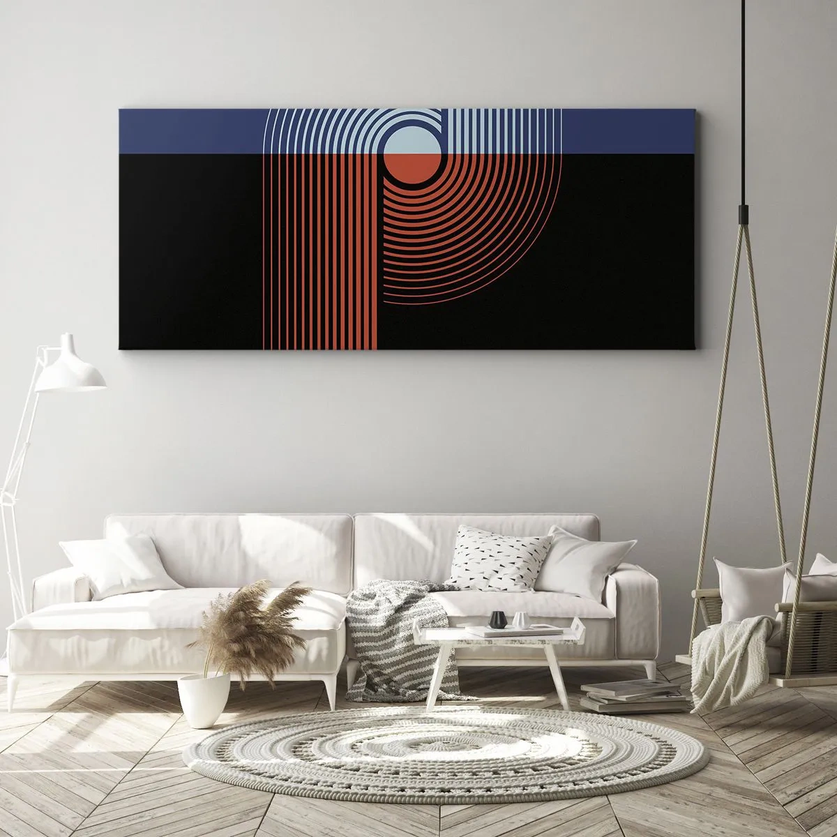 Impression sur toile - Image sur toile - Abstraction géométrique avec des lignes bleu marine et orange. - 160x50cm - Dans une étreinte géométrique - Décoration murale moderne pour le salon et la chambre ARTTOR