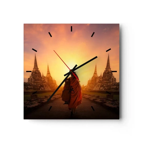 Horloge murale - Pendule murale - Un moine parmi les temples au coucher du soleil - 30x30cm - En paix pour l'éternité - Décoration murale moderne pour le salon et la chambre ARTTOR