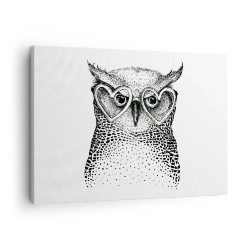 Impression sur toile - Image sur toile - Graphique élégant d'un hibou portant des lunettes en forme de cœur - 70x50cm - Sagement et avec amour - Décoration murale moderne pour le salon et la chambre ARTTOR