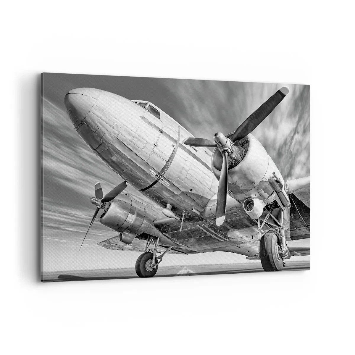 Impression sur toile - Image sur toile - Une image en noir et blanc d'un avion classique avec des détails structurels visibles. - 120x80cm - Toujours prêt à voler - Décoration murale moderne pour le salon et la chambre ARTTOR