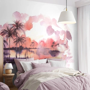Papier peint sur mesure Premium Sand - La tranquillité des tropiques en rouge - Paysage, Cocotier, Graphique