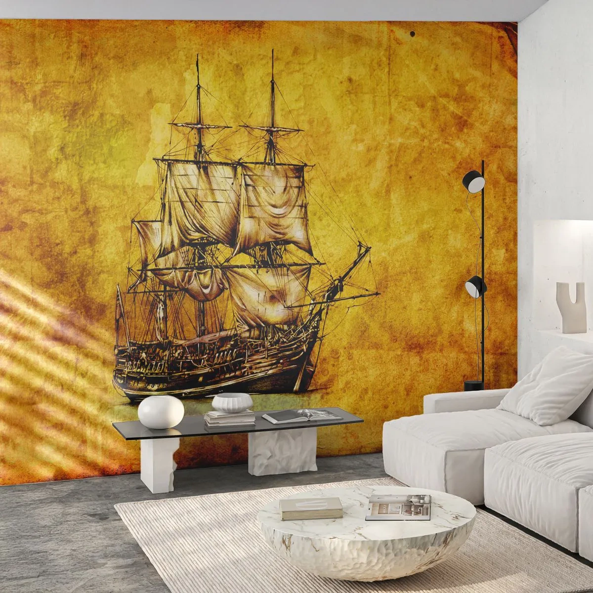 Papier Peint Photo Premium Sand - Un vieux voilier sur fond de carte antique aux tons sépia - 100x70cm - En direction de l'ile de la tortue ! - Décoration murale moderne pour le salon et la chambre ARTTOR