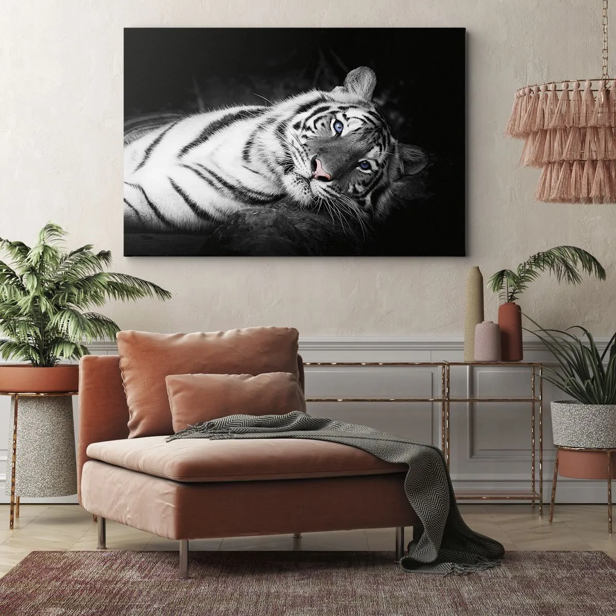 Impression sur toile - Image sur toile - Un tigre blanc rendu artistiquement sur un fond noir - 120x80cm - Sauvagerie et paix - Décoration murale moderne pour le salon et la chambre ARTTOR