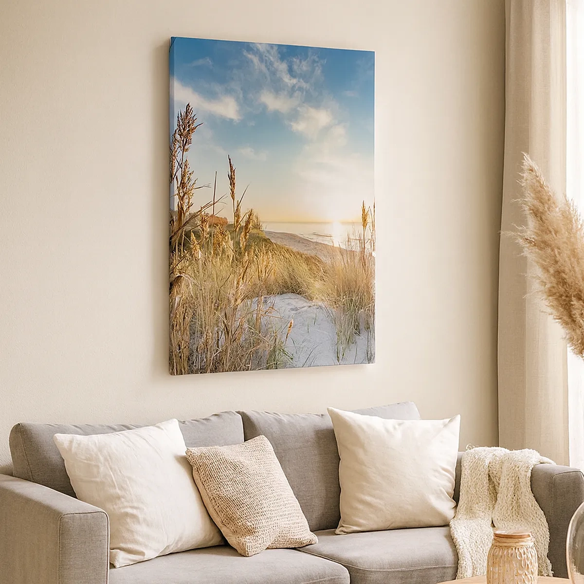 Impression sur toile - Image sur toile - Une plage pittoresque avec de l'herbe et le soleil couchant - 50x70cm - Plage du nord - Décoration murale moderne pour le salon et la chambre ARTTOR