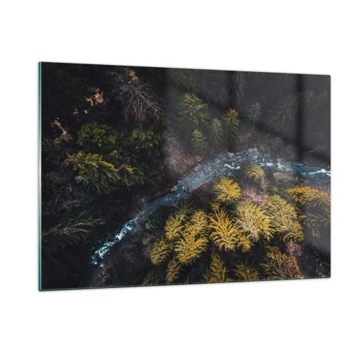 Impression sur verre - Image sur verre - Vue aérienne d'un paysage forestier avec un ruisseau sinueux - 120x80cm - De plus en plus vite - Décoration murale moderne pour le salon et la chambre ARTTOR