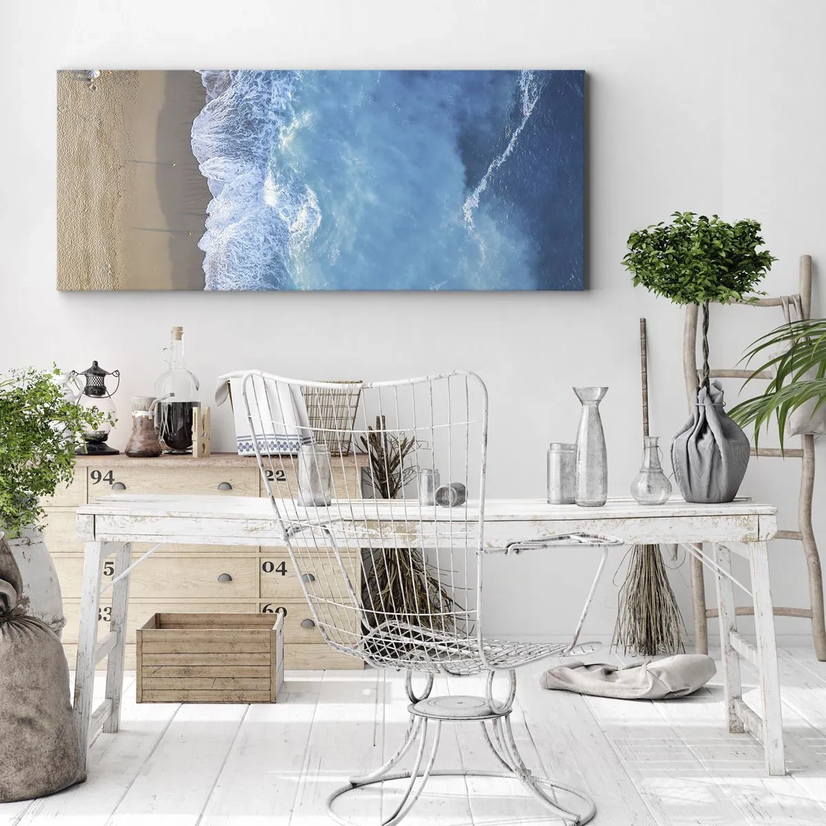 Impression sur toile - Image sur toile - Une vue plongeante sur la plage et les vagues de la mer - 160x50cm - La force du bleu - Décoration murale moderne pour le salon et la chambre ARTTOR