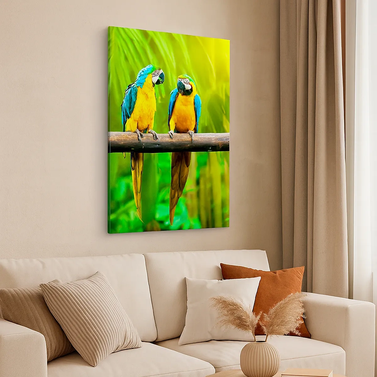 Impression sur toile - Image sur toile - Trois perroquets colorés sur fond de verdure tropicale - 50x70cm - Et avez-vous entendu qu'elle ...? - Décoration murale moderne pour le salon et la chambre ARTTOR
