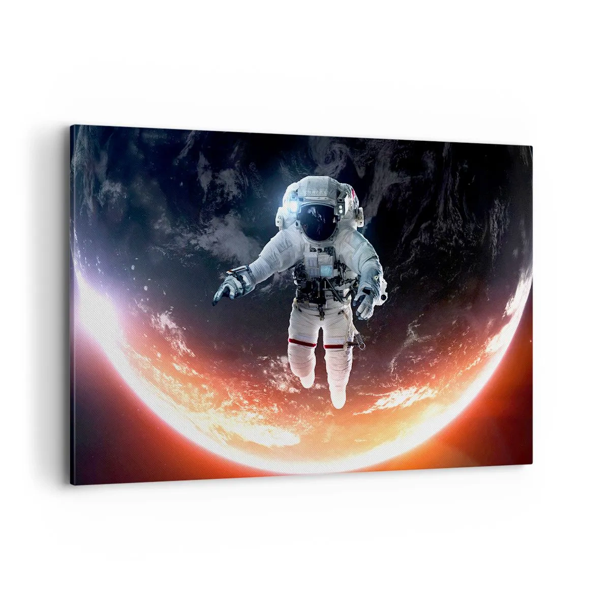 Impression sur toile - Image sur toile - Un astronaute flottant au-dessus d'une Terre éclairée par le soleil - 120x80cm - Puis-je rester un peu plus longtemps ? - Décoration murale moderne pour le salon et la chambre ARTTOR