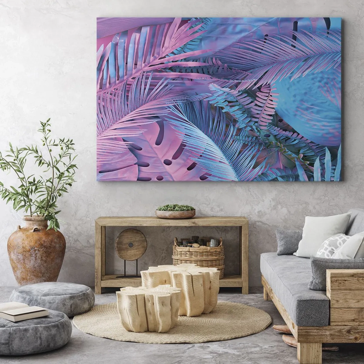 Impression sur toile - Image sur toile - Feuilles tropicales dans les tons de rose et de bleu - 70x50cm - Les tropiques en rose et bleu - Décoration murale moderne pour le salon et la chambre ARTTOR