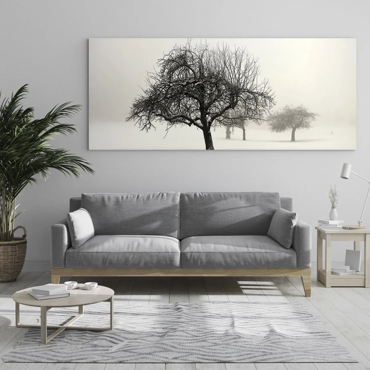 Impression sur verre - Image sur verre - Arbres dans un champ enneigé entouré de brouillard - 160x50cm - Un rêve hivernal - Décoration murale moderne pour le salon et la chambre ARTTOR