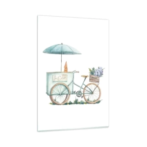 Impression sur verre - Image sur verre - Un vélo avec de la glace et des fleurs sous un parapluie aux couleurs pastel délicates - 80x120cm - Doux souvenir d'été - Décoration murale moderne pour le salon et la chambre ARTTOR