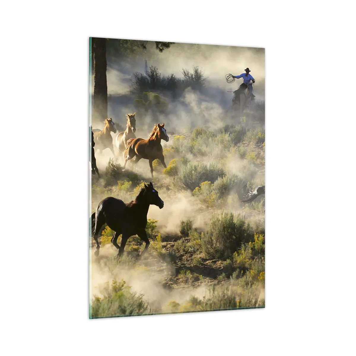 Impression sur verre - Image sur verre - Un troupeau de chevaux galopant dans la poussière et un cow-boy sur fond de nature - 50x70cm - Rivalité - liberté ou force masculine ? - Décoration murale moderne pour le salon et la chambre ARTTOR