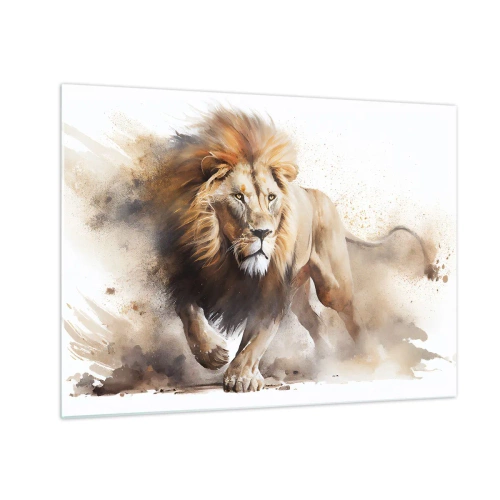 Impression sur verre - Image sur verre - Une photo dynamique de style aquarelle d'un lion en train de courir - 70x50cm - Le roi bougea - Décoration murale moderne pour le salon et la chambre ARTTOR
