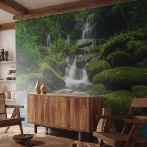 Papier Peint Photo Premium Canvas - Turquoise, saphirs et argent liquide - Paysage, Cascade, ruisseau de montagne - 350x256 cm