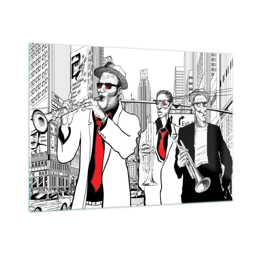Impression sur verre - Image sur verre - Un groupe de jazz de rue au style graphique moderne. - 100x70cm - Rhapsodie urbaine en noir et rouge - Décoration murale moderne pour le salon et la chambre ARTTOR