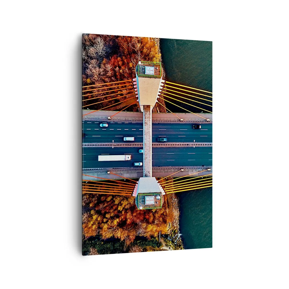 Impression sur toile - Image sur toile - Vue aérienne du pont sur la rivière et du paysage d'automne - 80x120cm - Au dessus de l'eau et de la forêt - Décoration murale moderne pour le salon et la chambre ARTTOR
