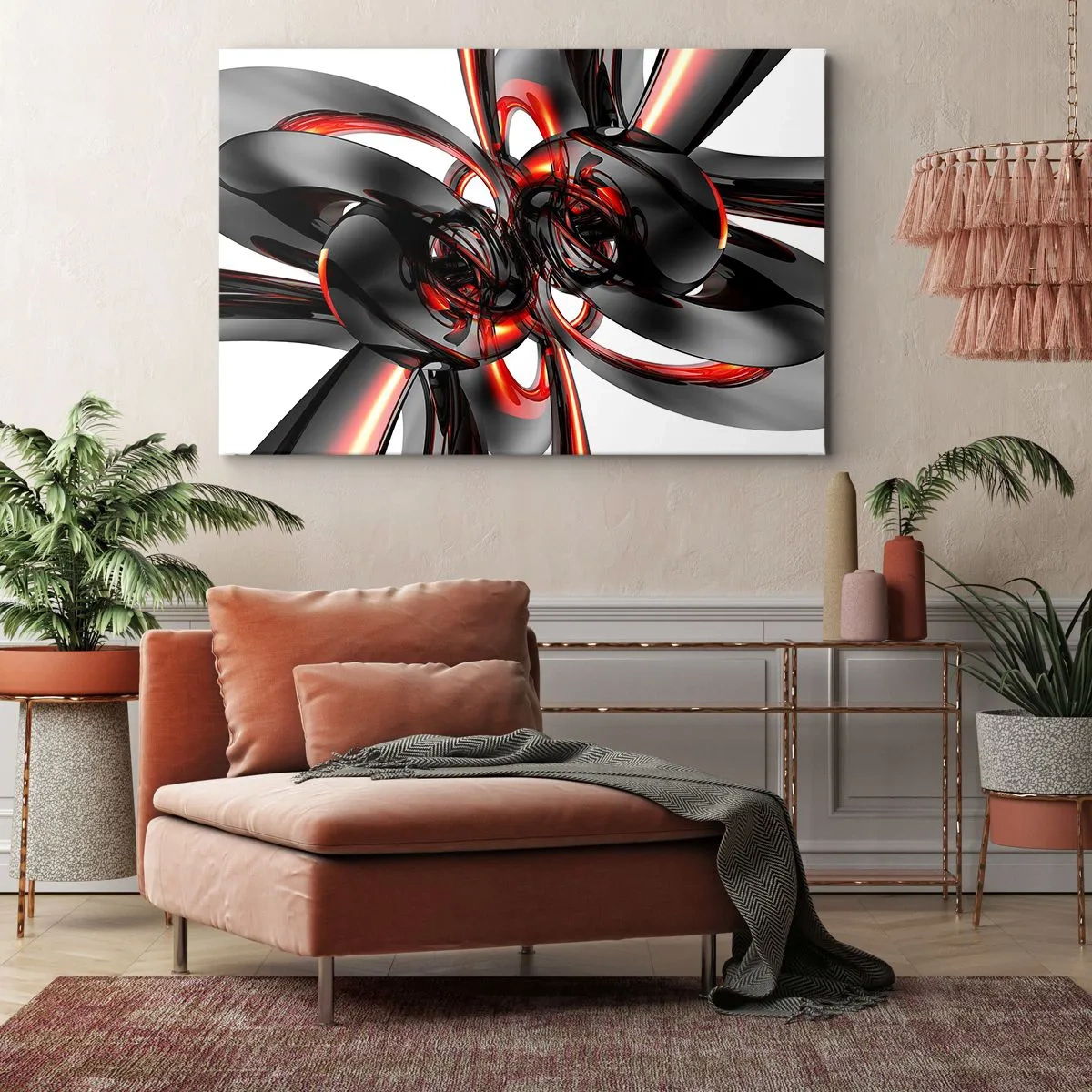 Impression sur toile - Image sur toile - Graphiques 3D abstraits avec des éléments noirs et rouges - 70x50cm - Mouvement de graphite et rouge - Décoration murale moderne pour le salon et la chambre ARTTOR