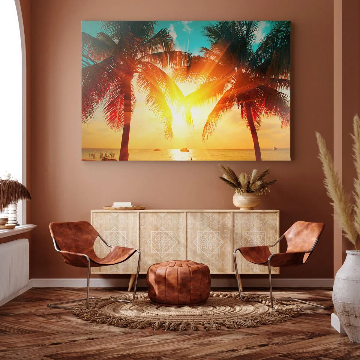 Impression sur toile - Image sur toile - Palmiers illuminés par la chaude lumière du soleil couchant - 100x70cm - Couple exotique - Décoration murale moderne pour le salon et la chambre ARTTOR