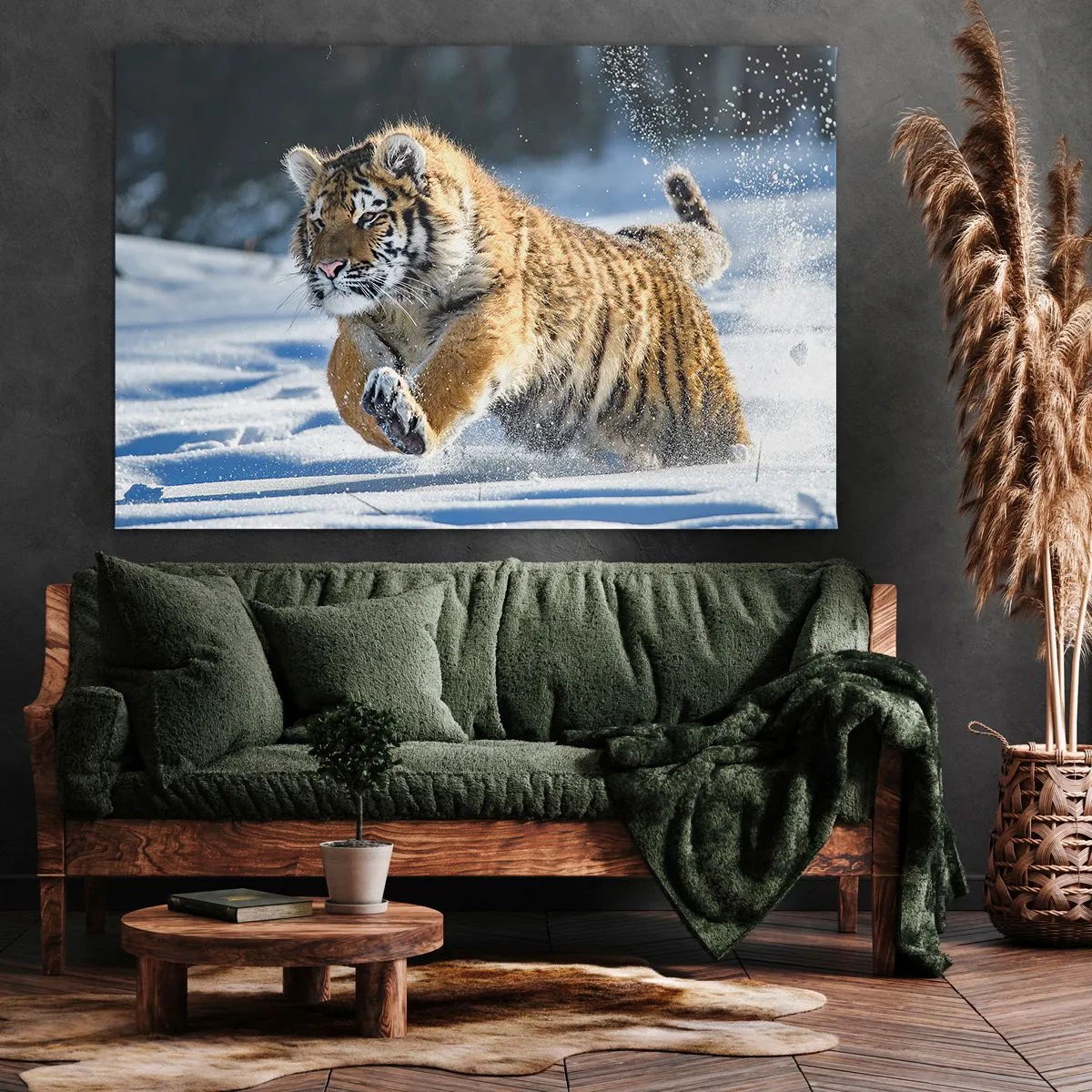 Impression sur toile - Image sur toile - Un tigre de Sibérie courant dans un paysage enneigé - 100x70cm - Dieu de la taïga sibérienne - Décoration murale moderne pour le salon et la chambre ARTTOR