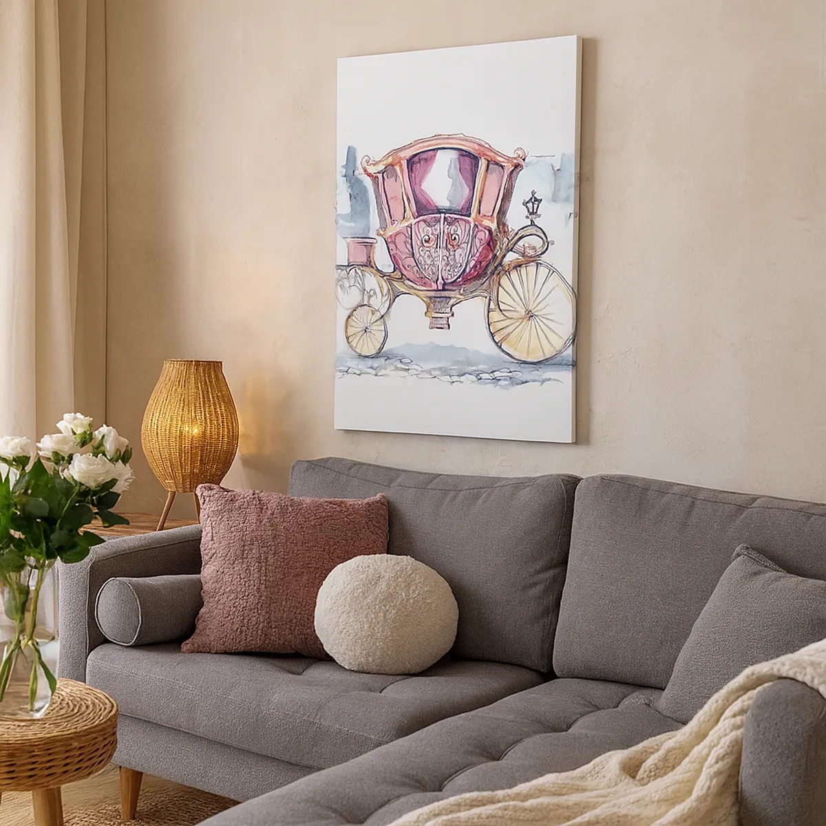 Impression sur toile - Image sur toile - Une illustration élégante d'une voiture ancienne aux couleurs pastel. - 50x70cm - À un mariage ou à un bal ? - Décoration murale moderne pour le salon et la chambre ARTTOR