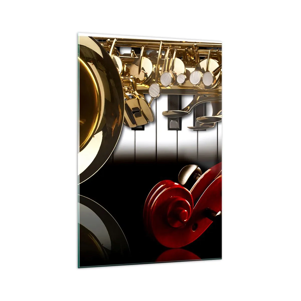 Impression sur verre - Image sur verre - Un saxophone doré, des touches de piano et un violon rouge - 70x100cm - Tôle, bois et ivoire - Décoration murale moderne pour le salon et la chambre ARTTOR