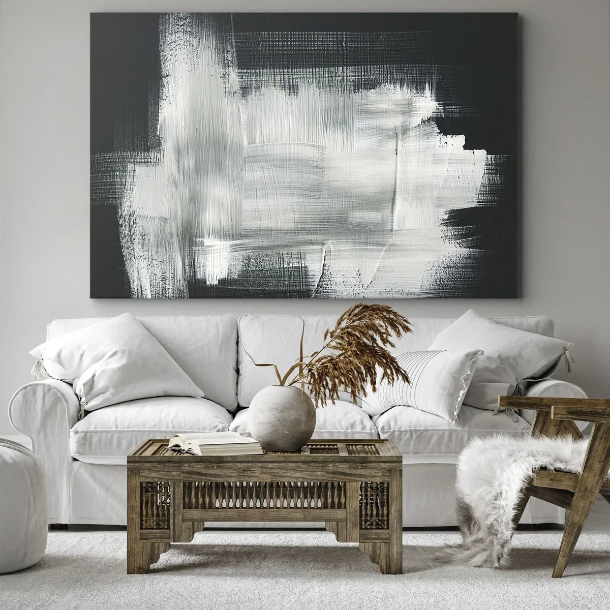 Impression sur toile - Image sur toile - Traits abstraits blancs sur fond sombre - 100x70cm - Tissé à la verticale et à l'horizontale - Décoration murale moderne pour le salon et la chambre ARTTOR