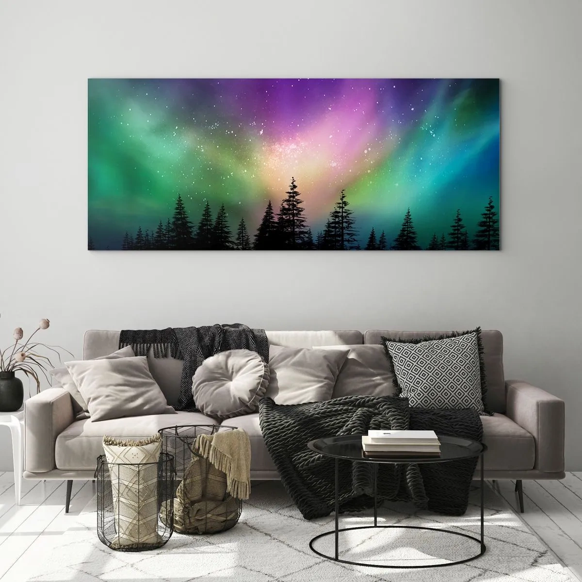 Impression sur verre - Image sur verre - Aurore boréale au-dessus d'une forêt avec un ciel étoilé - 140x50cm - Magie blanche - Décoration murale moderne pour le salon et la chambre ARTTOR