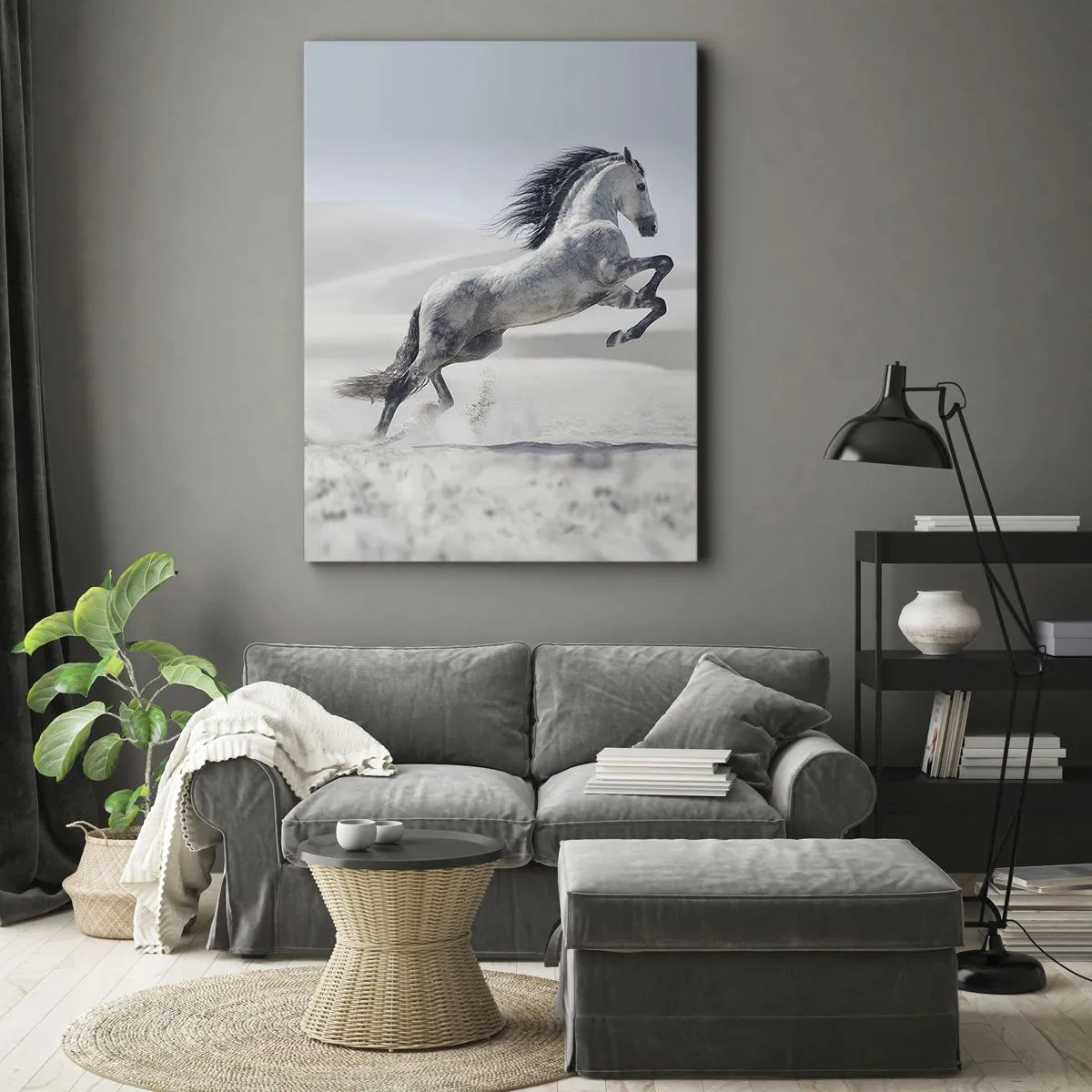 Impression sur toile - Image sur toile - Un cheval blanc galopant sur fond de dunes du désert - 70x100cm - Prince arabe - Décoration murale moderne pour le salon et la chambre ARTTOR