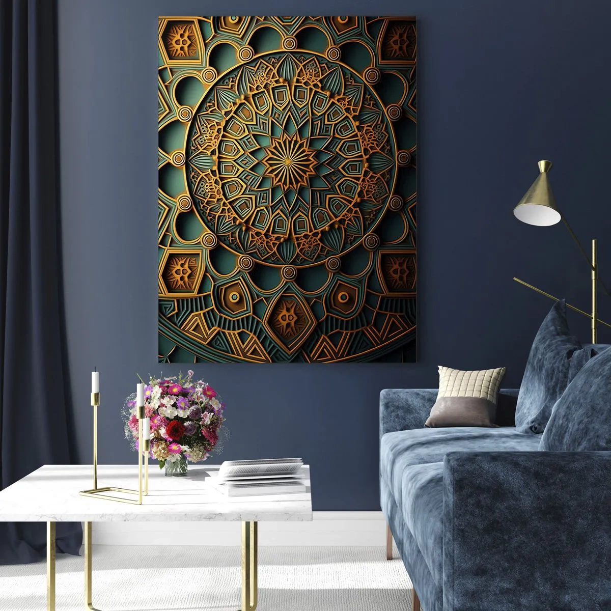 Impression sur verre - Image sur verre - Un mandala doré sur fond turquoise avec des détails riches. - 70x100cm - Dans une ambiance arabe - Décoration murale moderne pour le salon et la chambre ARTTOR