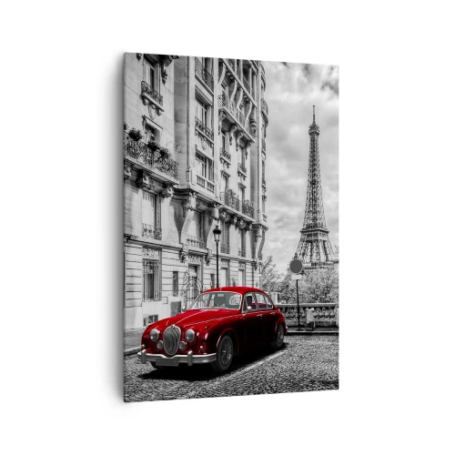 Impression sur toile - Image sur toile - Une voiture rouge avec la Tour Eiffel en arrière-plan dans un décor noir et blanc - 70x100cm - Prédateur dans la ville - Décoration murale moderne pour le salon et la chambre ARTTOR
