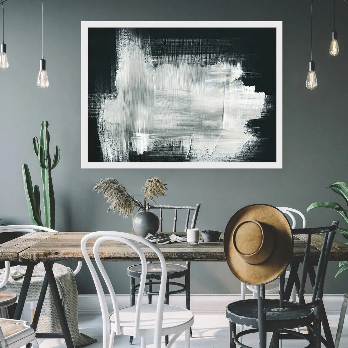 Affiche - Poster - Traits abstraits blancs sur fond sombre - 100x70cm - Tissé à la verticale et à l'horizontale - Décoration murale moderne pour le salon et la chambre ARTTOR