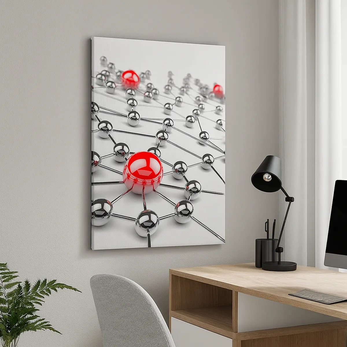Impression sur toile - Image sur toile - Un réseau de boules métalliques aux accents rouges - 50x70cm - Toile argentée - Décoration murale moderne pour le salon et la chambre ARTTOR