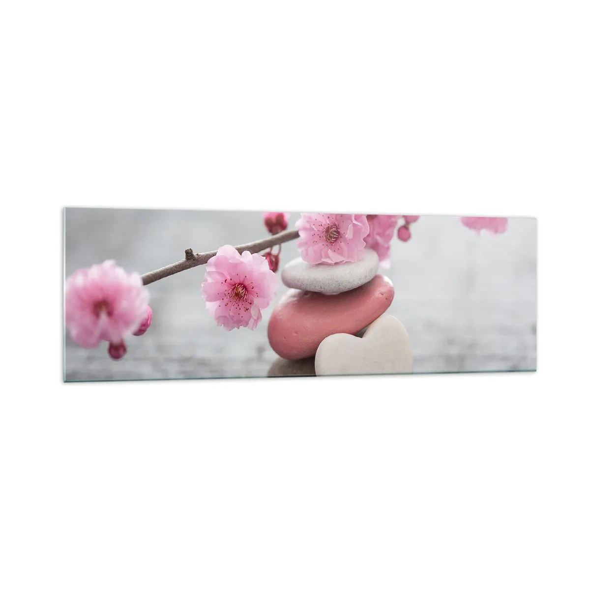 Impression sur verre - Image sur verre - Fleurs de cerisier délicates avec des pierres en forme de cœur - 160x50cm - Le bonheur avec une fleur de cerisier - Décoration murale moderne pour le salon et la chambre ARTTOR