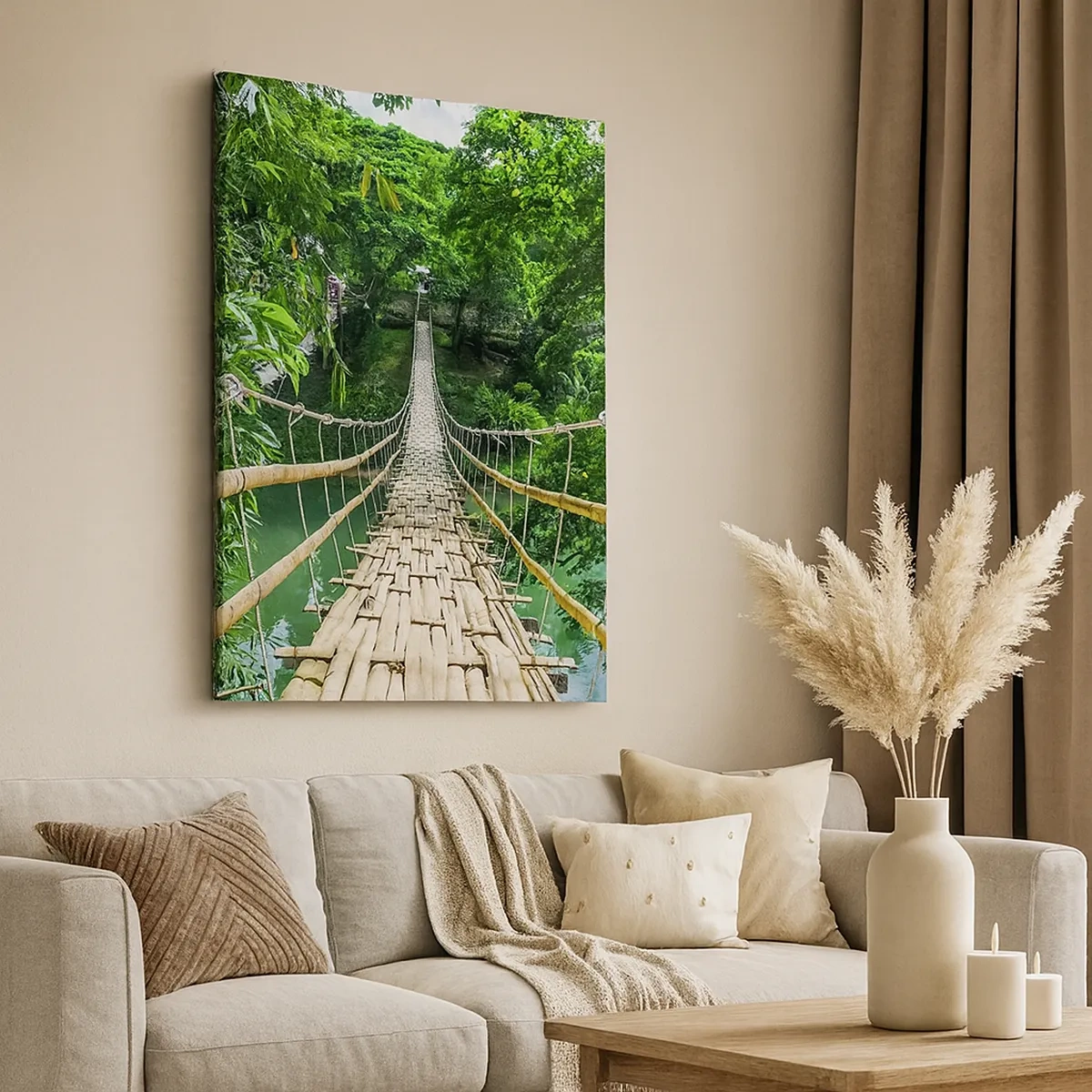 Impression sur toile - Image sur toile - Un pont suspendu en bambou entouré de verdure - 50x70cm - Pont de singe en pleine nature - Décoration murale moderne pour le salon et la chambre ARTTOR