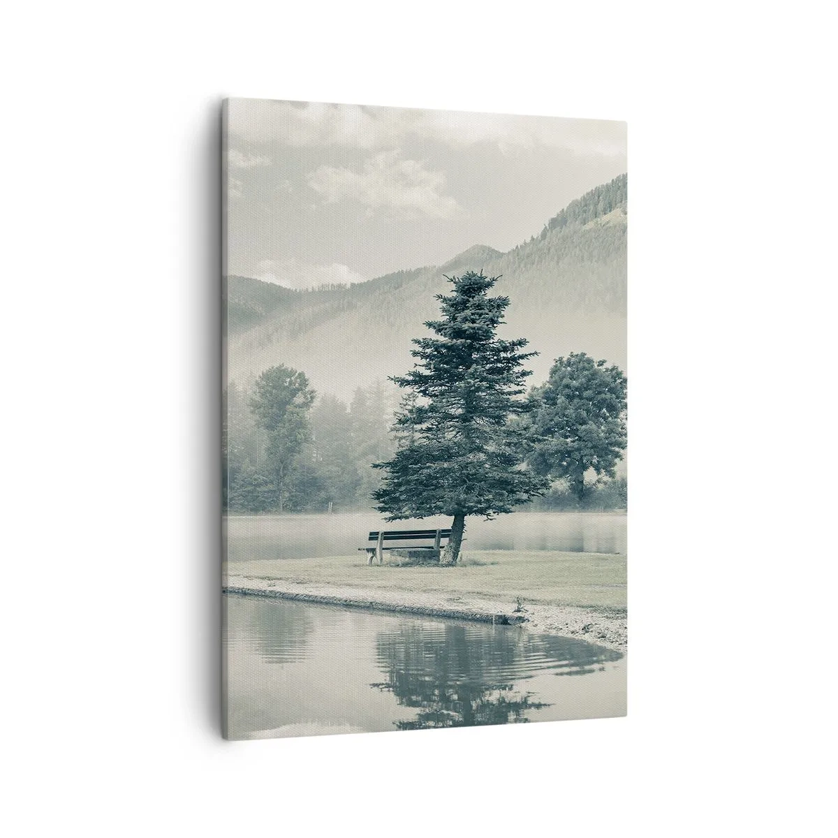 Impression sur toile - Image sur toile - Un lac pittoresque avec un banc et du brouillard en arrière-plan - 50x70cm - Le lac dort encore - Décoration murale moderne pour le salon et la chambre ARTTOR