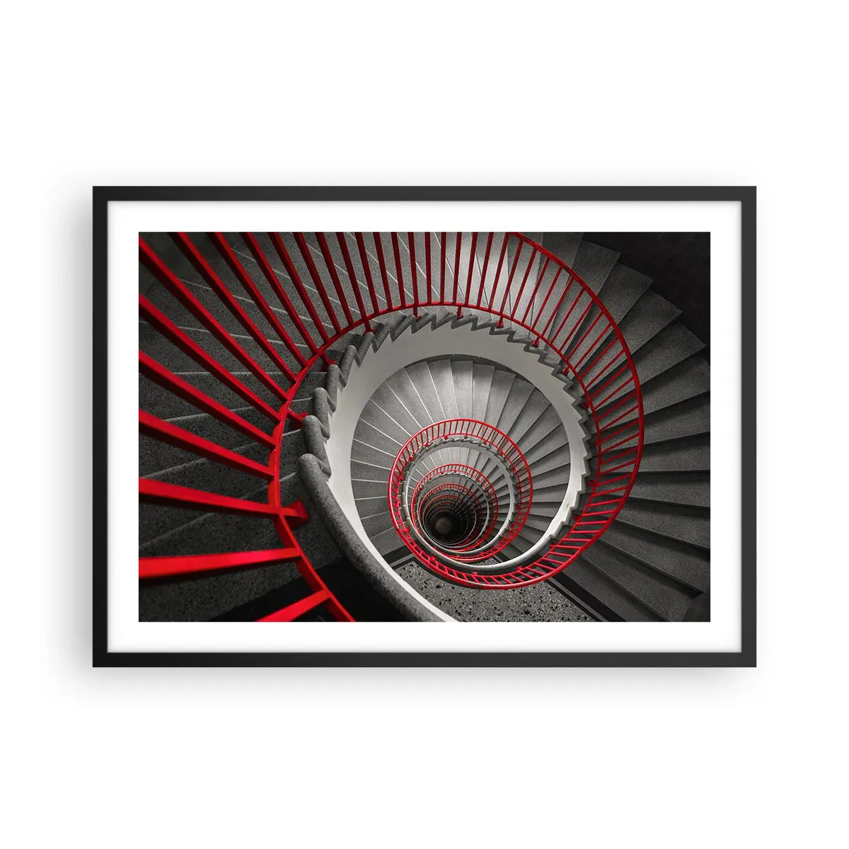 Affiche dans un cadre noir - Poster - Escalier en colimaçon avec rampes rouges dans une perspective dynamique - 70x50cm - Amusement architectural - Décoration murale moderne pour le salon et la chambre ARTTOR