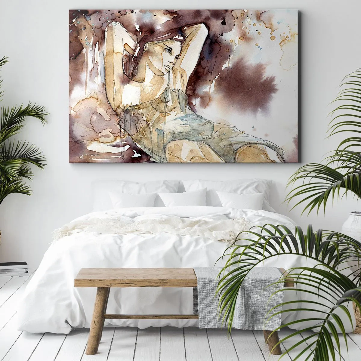 Impression sur toile - Image sur toile - Femme dans un style aquarelle artistique sur fond marron - 100x70cm - D'humeur lilas - Décoration murale moderne pour le salon et la chambre ARTTOR