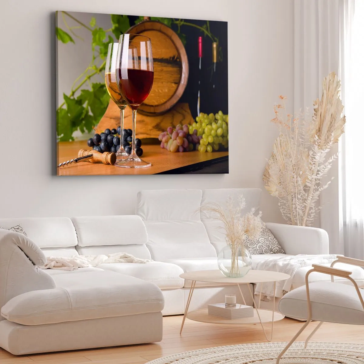 Impression sur toile - Image sur toile - Verres de vin avec des raisins, un tonneau et des bouteilles sur une table en bois - 70x50cm - Comme les vieux maîtres - Décoration murale moderne pour le salon et la chambre ARTTOR