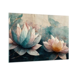 Impression sur verre - Image sur verre - Représentation artistique de fleurs de lotus sur fond de feuilles d'eau. - 100x70cm - Les étoiles du lac - Décoration murale moderne pour le salon et la chambre ARTTOR