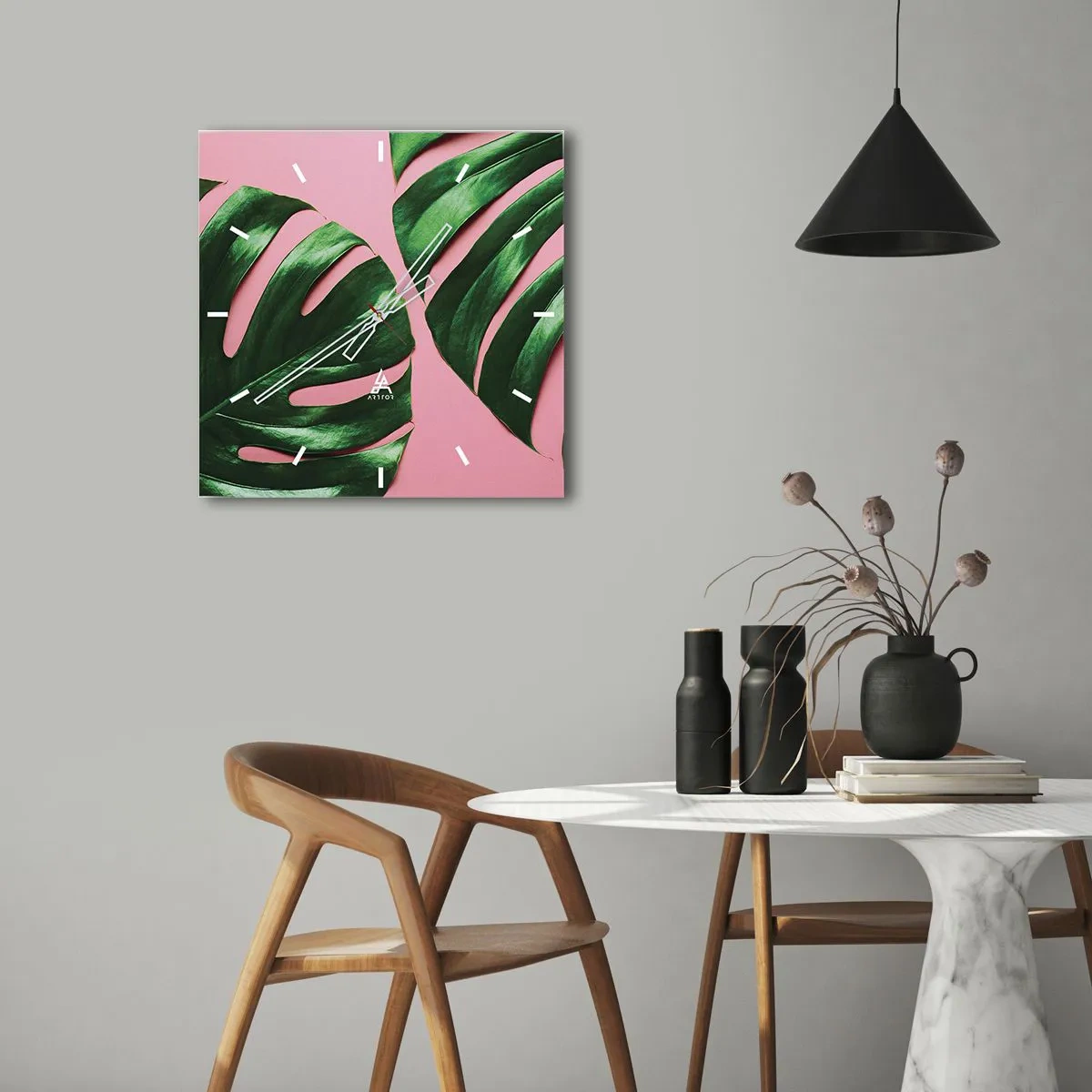 Horloge murale - Pendule murale - Feuilles de monstera vertes sur fond rose - 30x30cm - Rendez-vous vert - Décoration murale moderne pour le salon et la chambre ARTTOR