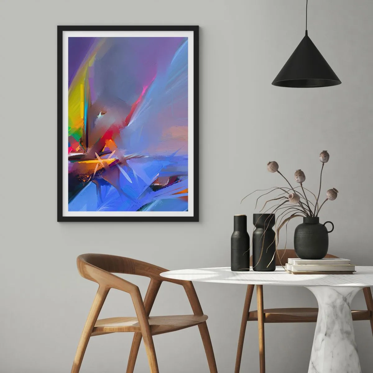 Affiche dans un cadre noir - Poster - Un jeu abstrait de couleurs dans une composition dynamique - 50x70cm - Hélices comme un oiseau - Décoration murale moderne pour le salon et la chambre ARTTOR
