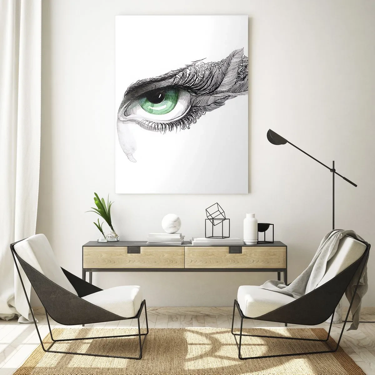 Impression sur verre - Image sur verre - Oeil vert avec détails de plumes et motifs abstraits - 50x70cm - Belle et prête à l'attaque - Décoration murale moderne pour le salon et la chambre ARTTOR