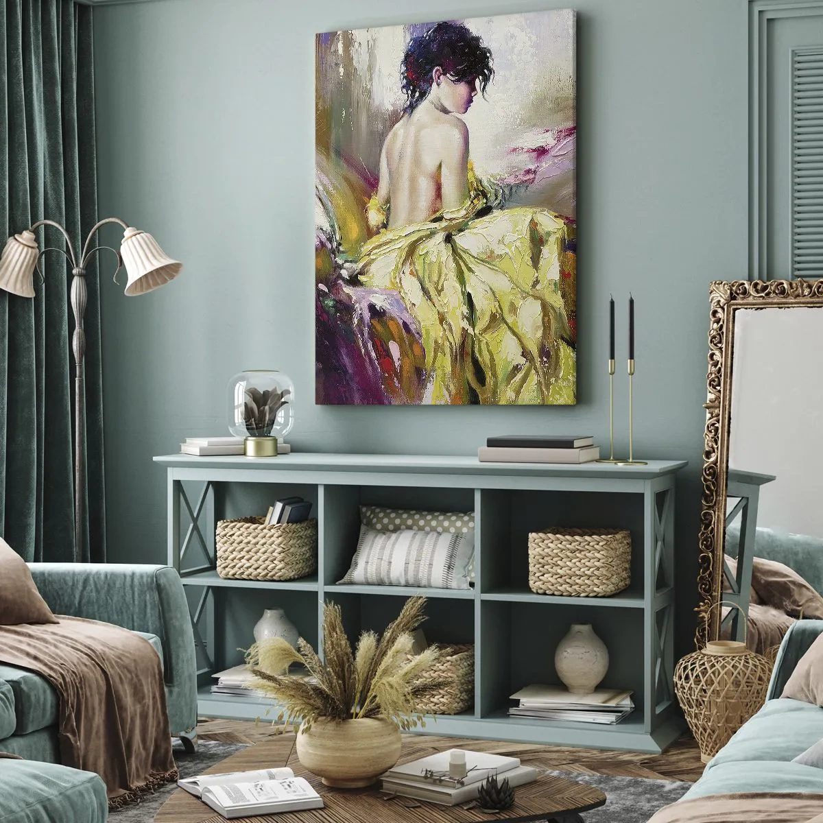 Impression sur toile - Image sur toile - Une scène picturale d'une femme sur un lit dans une atmosphère romantique - 70x100cm - Entre les lèvres et le bord de la tasse - Décoration murale moderne pour le salon et la chambre ARTTOR