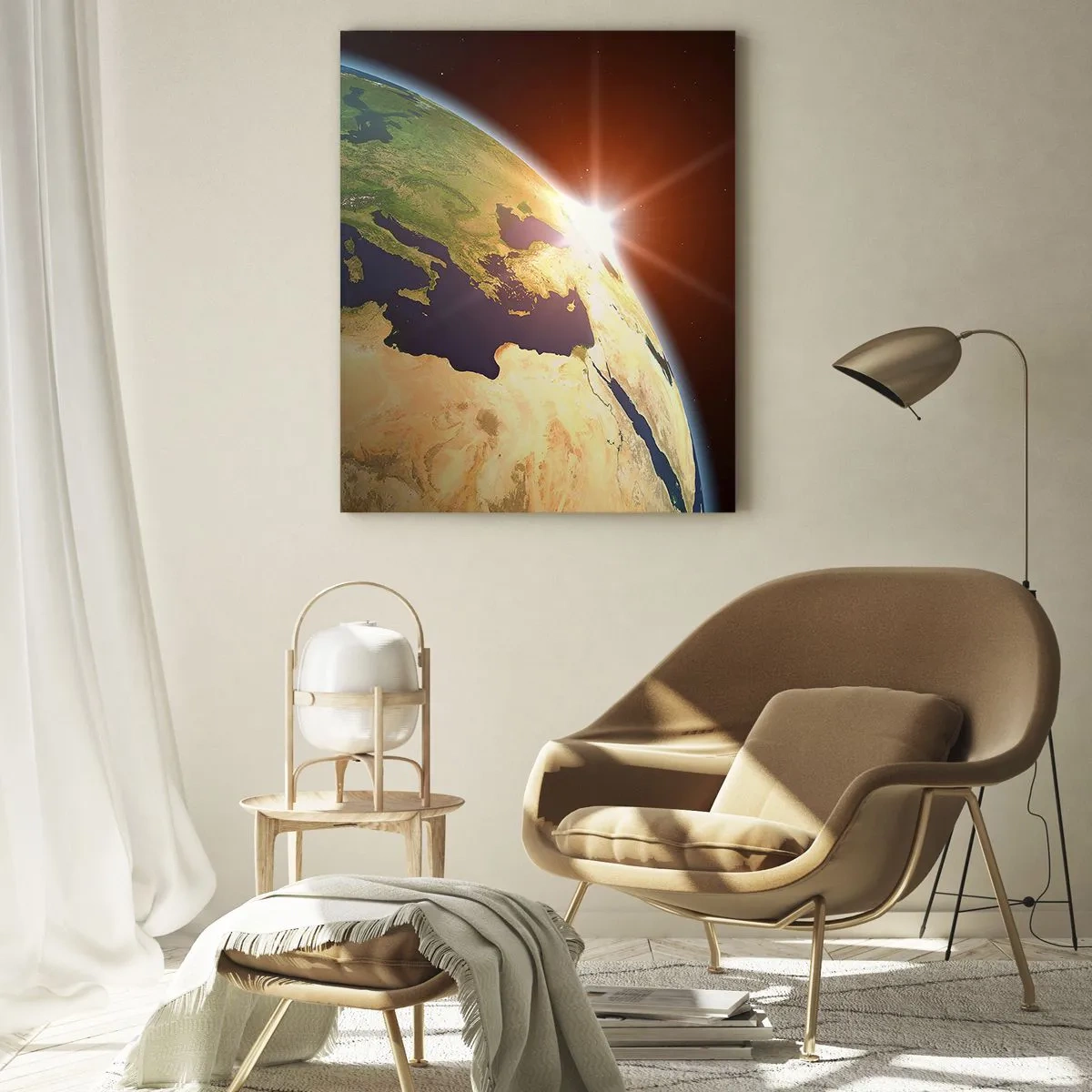 Impression sur verre - Image sur verre - Vue de la Terre depuis l'espace avec les rayons du soleil à l'horizon - 70x100cm - Lever de soleil - Décoration murale moderne pour le salon et la chambre ARTTOR