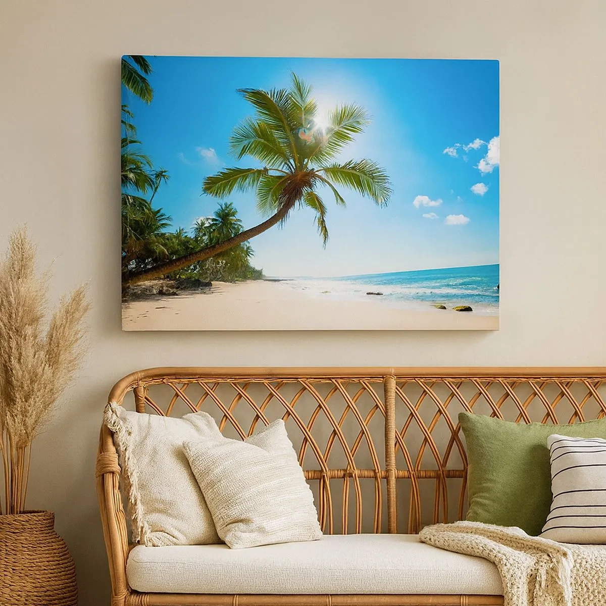 Impression sur toile - Image sur toile - Une plage avec des palmiers dans un paysage tropical - 70x50cm - Ne rien montrer à personne - Décoration murale moderne pour le salon et la chambre ARTTOR