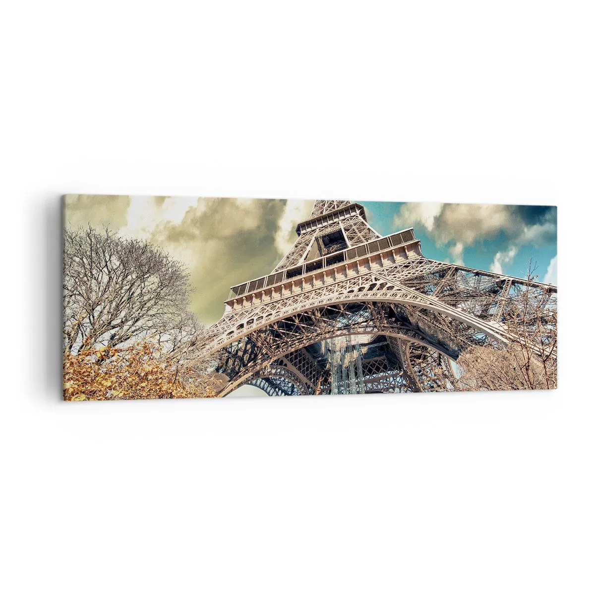 Impression sur toile - Image sur toile - La Tour Eiffel vue d'en bas dans un décor automnal - 140x50cm - Et en automne à Paris... - Décoration murale moderne pour le salon et la chambre ARTTOR
